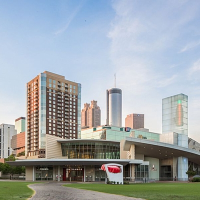 View of tall buildings with unique architecture
