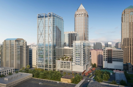 A view of a few tall buildings in the city