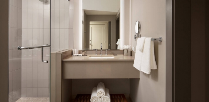 Bathroom sink and shower of a guest room