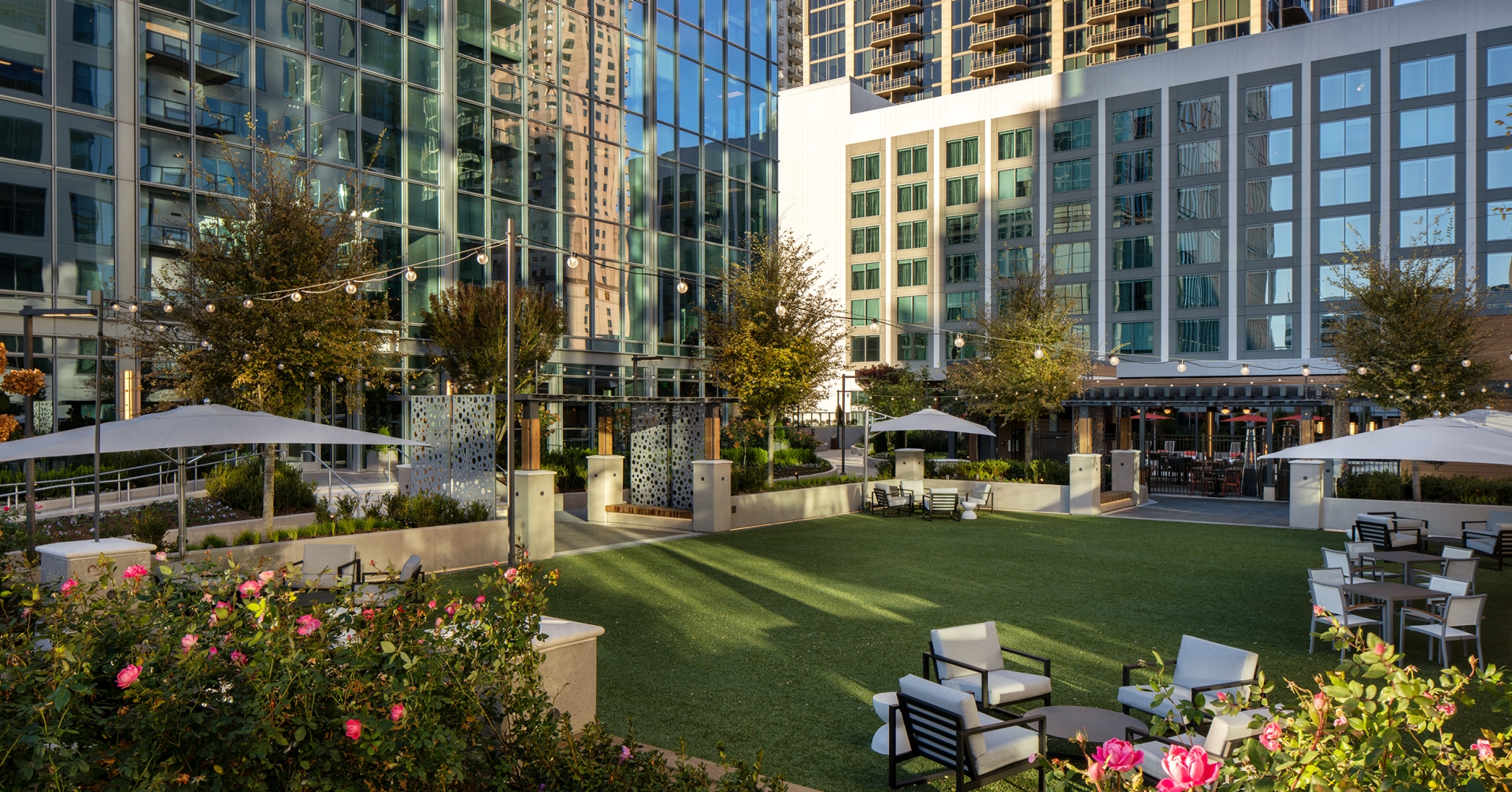A picture of the terrace at Epicurean Atlanta with grass seating areas