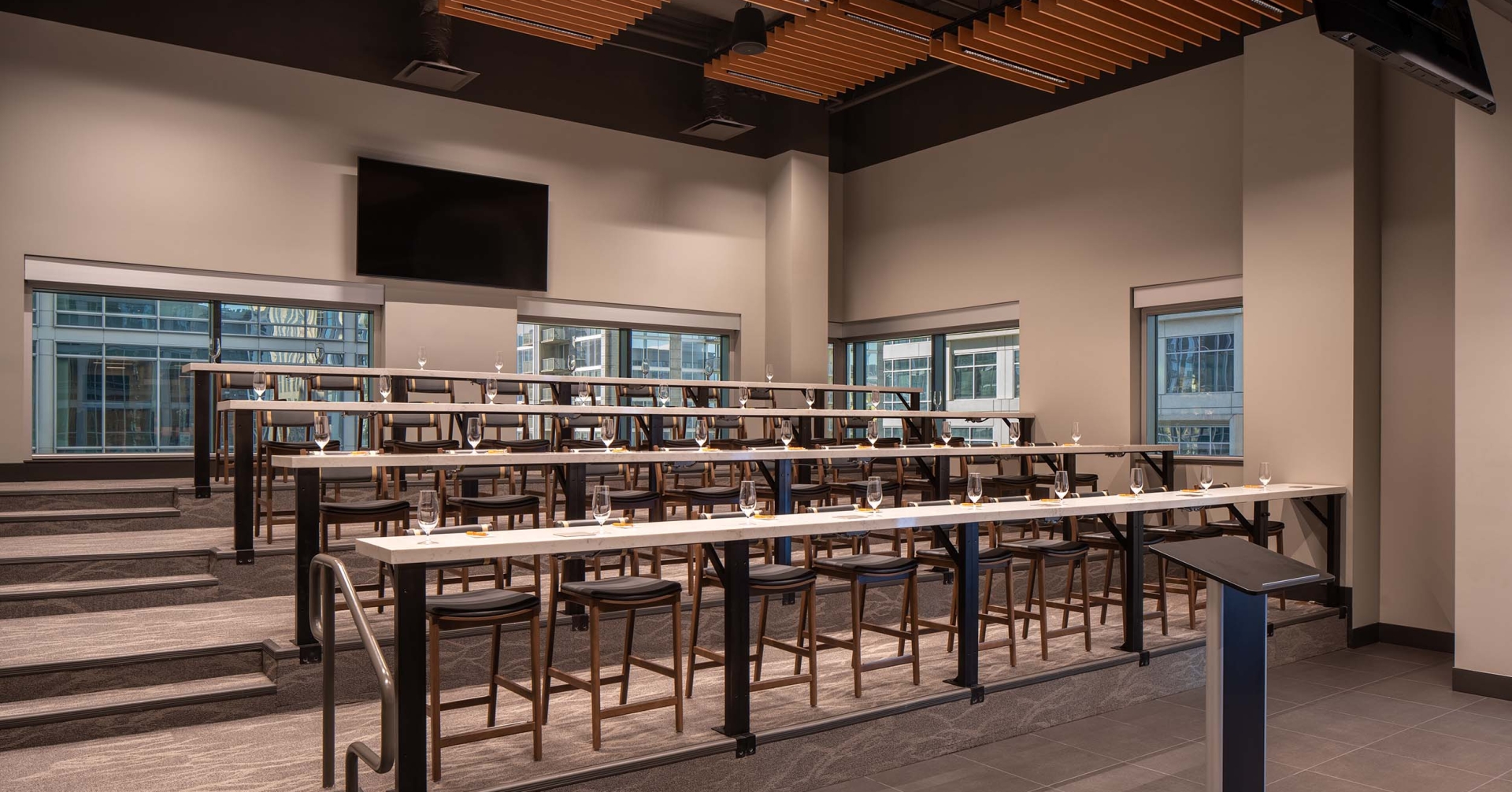 A room with tables and chairs