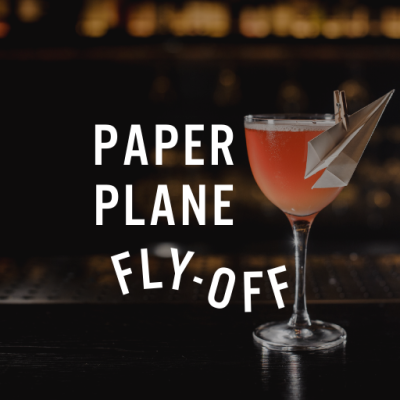 Cocktail image with Paper Plane Fly-Off at The Office Bar text overlay