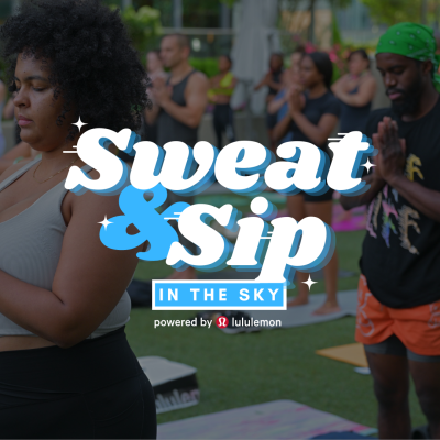 Yoga Graphic with Sweat & Sip in the Sky Powered by Lululemon text overlay