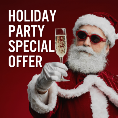 Santa image with Holiday Party Special Offer text overlay
