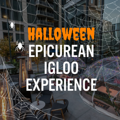 Igloo Graphic with Halloween Epicurean Igloo Experience at Reverence text overlay