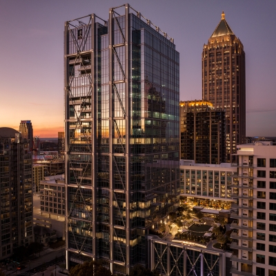 an aerial view of a hotel in a large city