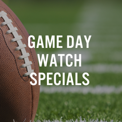 Super Bowl Graphic with Game Day Specials at The Office Bar text overlay