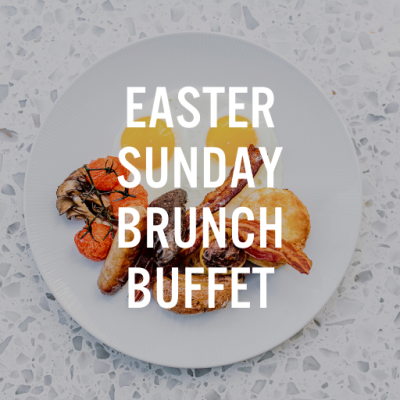 Egg Plate Graphic with Easter Sunday Brunch Buffet at Reverence text overlay