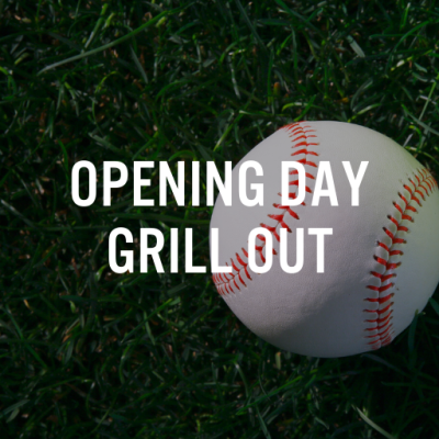 Baseball Graphic with Opening Day Grill Out at The Office Bar text overlay
