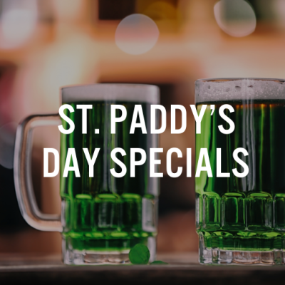 Green Beer Graphic with St. Patrick’s Day Specials at The Office Bar text overlay