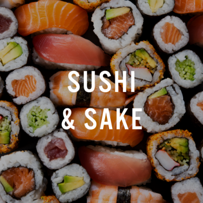 Sushi Graphic with Sushi & Sake text overlay