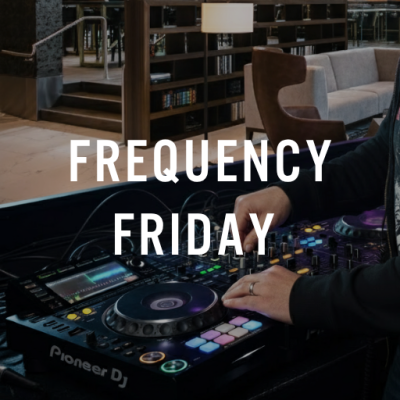 Turntable Graphic with Frequency Friday at The Office Bar text overlay