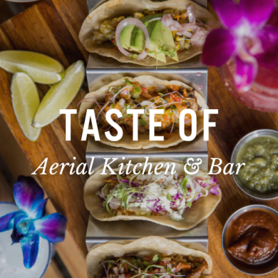 Taco Graphic with Taste of Aerial Kitchen & Bar text overlay