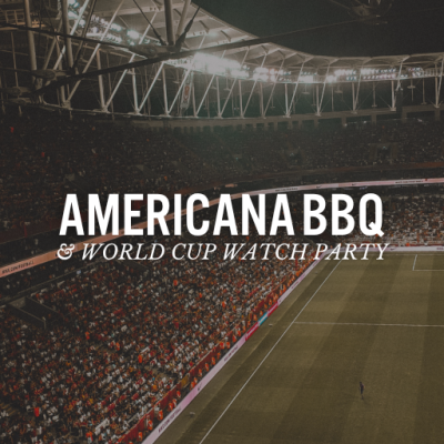 Soccer Stadium Graphic with Americana BBQ & World Cup Watch Party on the Sky Terrace text overlay