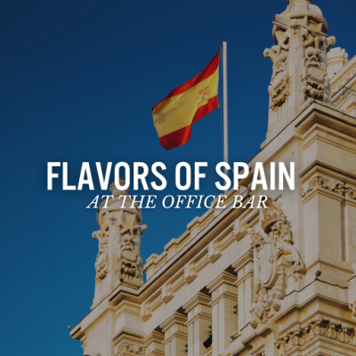 Spain Flag for World Cup Specials with Flavors of Spain Specials at The Office Bar text