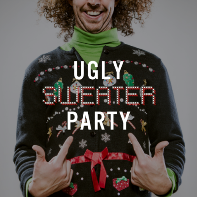 Ugly Sweater Graphic with Ugly Sweater Party at The Office Bar text overlay